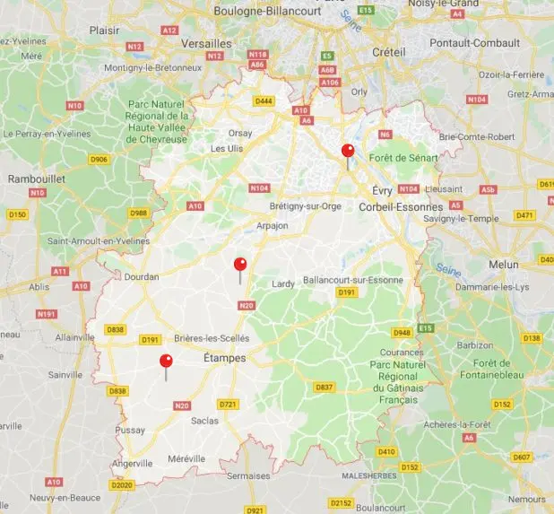 Carte de nos zones d'intervention pour l'enlèvement de cuves à fioul dans l'Essonne