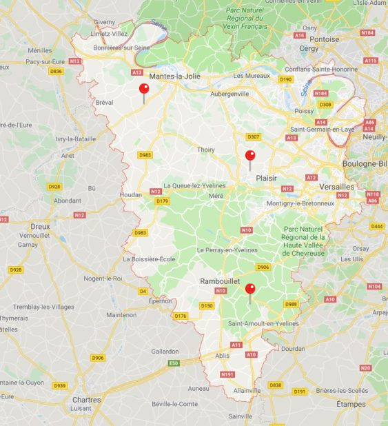 Carte des zones d'intervention pour le dégazage dans les Yvelines 94